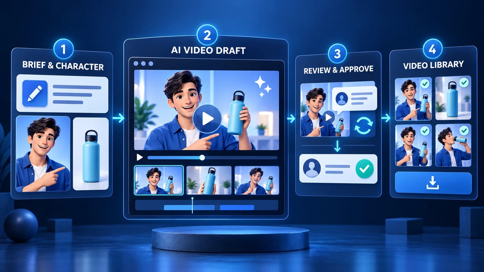 Illustrative four-stage workflow: campaign brief and fictional presenter reference, AI product-demo video draft, human review and approval, and an approved video library