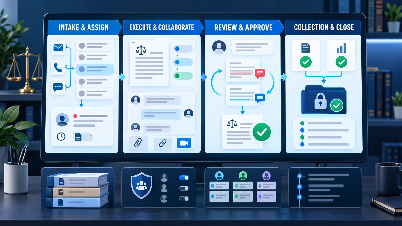 Illustrative law-office workflow showing request intake and assignment, document collaboration, human review and revisions, collection checks and controlled closure, with knowledge, permissions, workload and audit panels