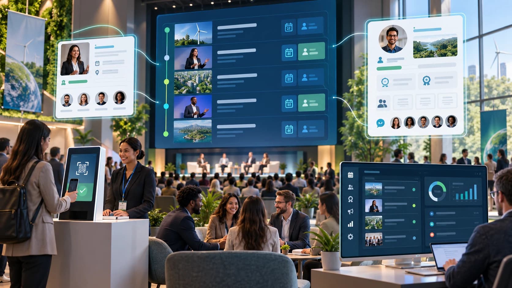 Concept illustration connecting an event schedule and attendee check-in with member profiles, certificates, community connections, and an admin dashboard