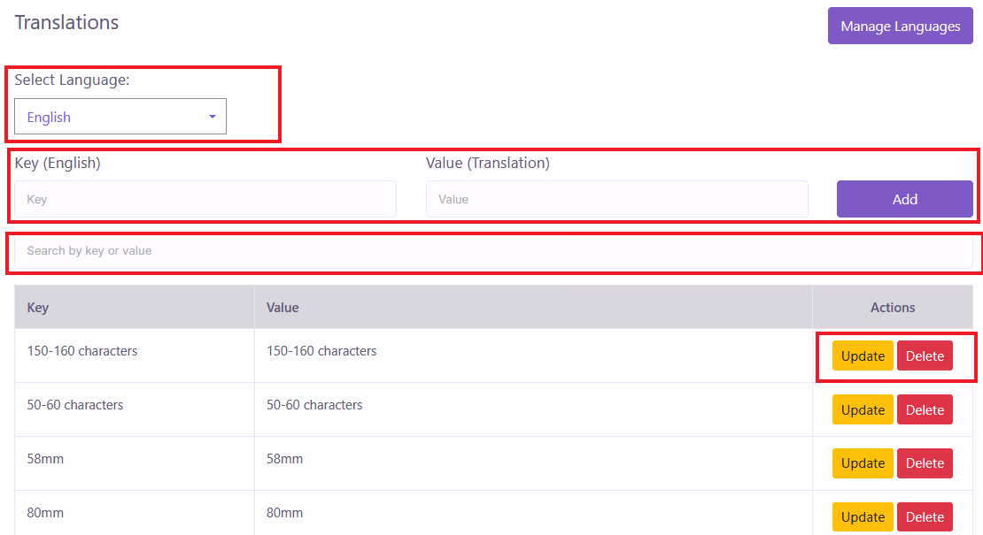 Manage Translations Page